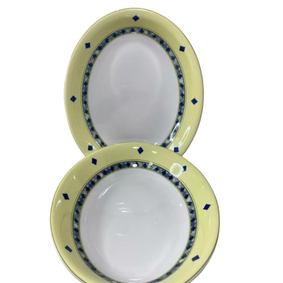 Royal Doulton Carmina pattern oval serving bowl features a yellow rim decorated with a blue diamond mosaic pattern