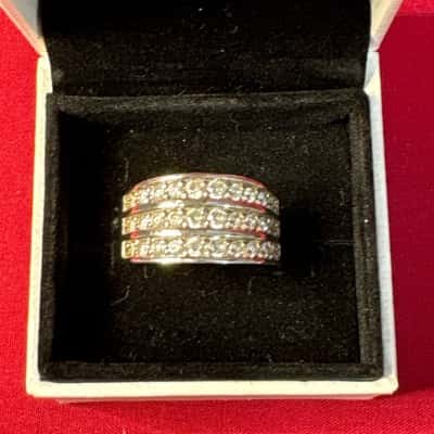  Women's  925 Silver Three Row Diamante Band Ring 