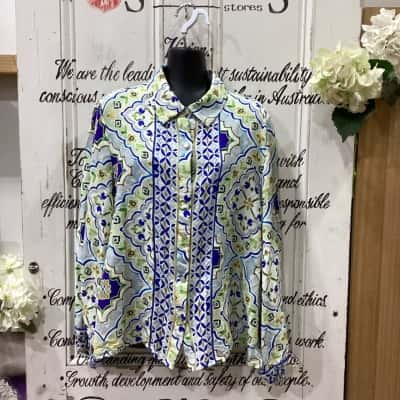 MOS BRAND! HIGH QUALITY LINEN BLEND SHIRT COLLAR BUTTON UP LONG SLEEVE SHIRT! Womens  Size 14 Button Up Top / Long Sleeve Shirt Beige / Blue / Green / Pattern 