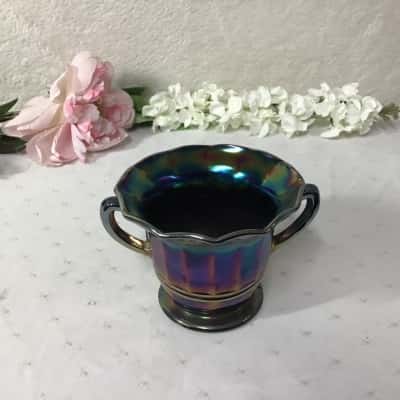 Black Amethyst Iridescent Carnival Glass Double Handle Open Sugar Bowl