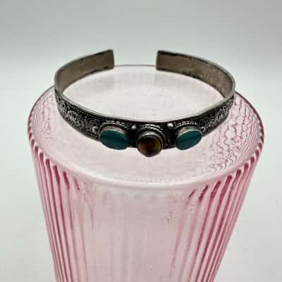 Tibetan Style Tigers Eye & Turquoise Bangle