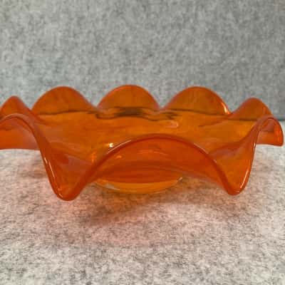 70 style ruffled vintage bright orange glass bowl