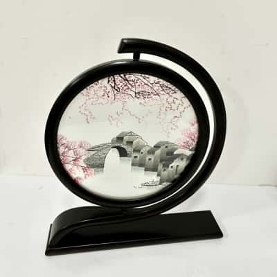 Chinese Embroidered Village Scene in Circular Wooden Display Frame with Brocade Case