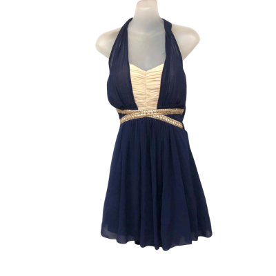 'Little Mistress' Womens  Size 12 Halter Neck Dress / Mini Dress Beige / Blue 