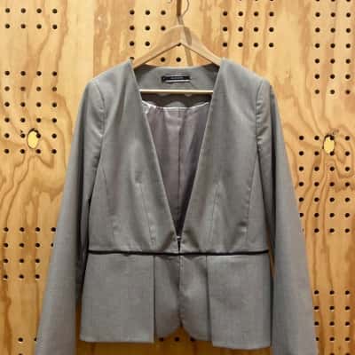 Basque Womens Suit Set Grey Peplum Jacket, Skirt and Pants with Black Piping