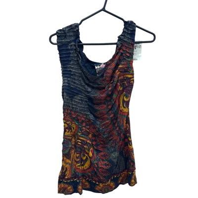 Desigual Womens  Size M Pleated Tank Top Mustard/Navy Blue Top