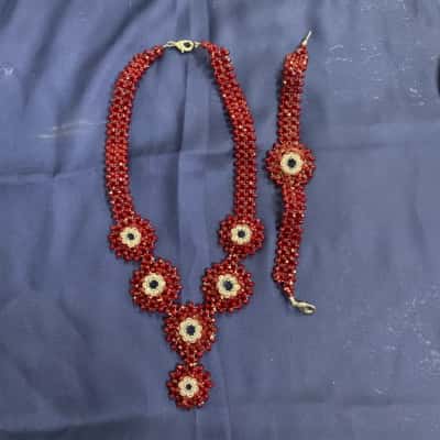  Womens Burgundy Coloured Handmade Beaded Necklace and Bracelet Set
