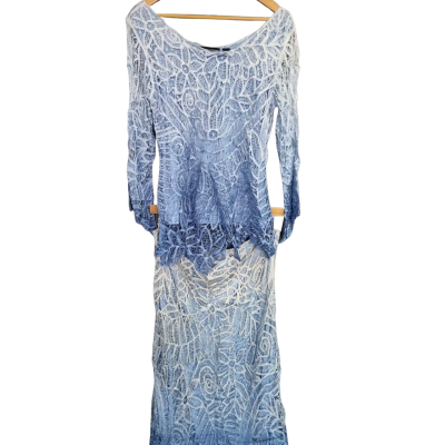 Sandra Steiner Y2K 2-Piece embroidery Womens  Size L can possibly fit 12-14 Casual Dress Cool Blue Omber side zip  