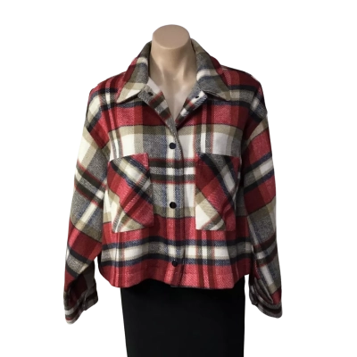 Zara Womens Size L Cream / Red / Beige / Navy Blue Checked Button up Cropped Shacket