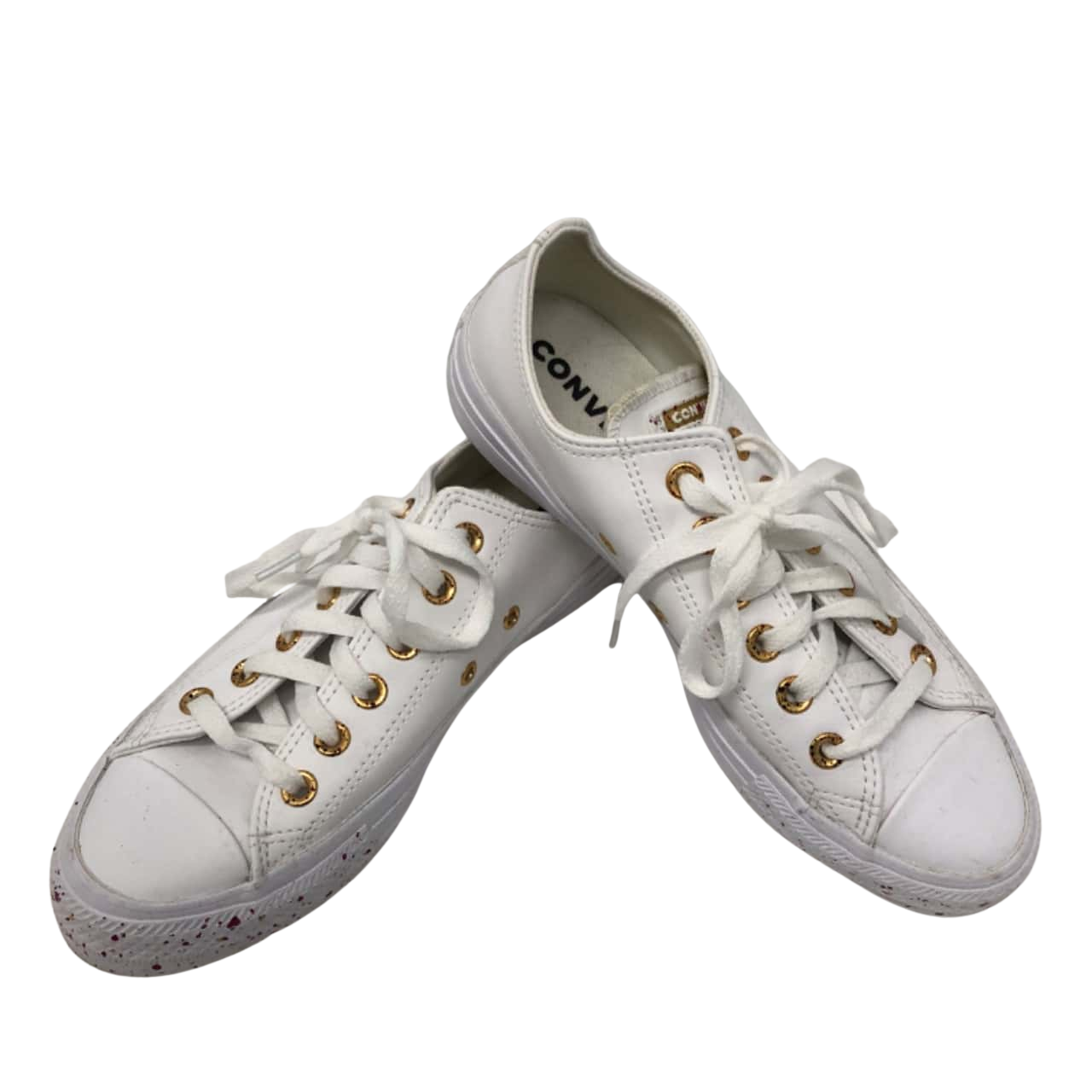 Reduced Converse Womens White Vinyl with Paint Splatter design on Toe