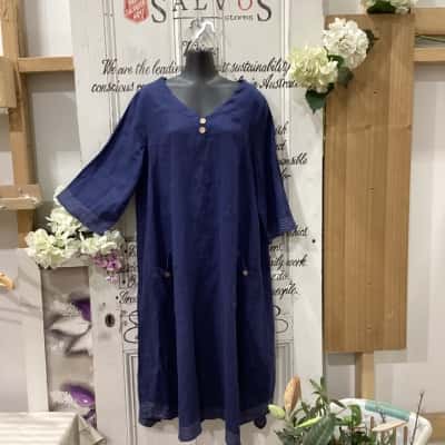 Cali&Co Brand! NWOT LOOSE FITTING QUALITY LINEN DRESS! Womens  Size L / XL Short Sleeve Dress  Navy Blue 