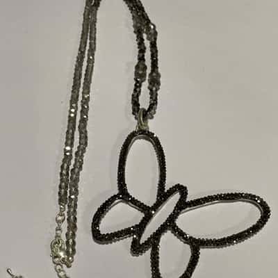  Womens Necklace Black  / Silver Butterfly 