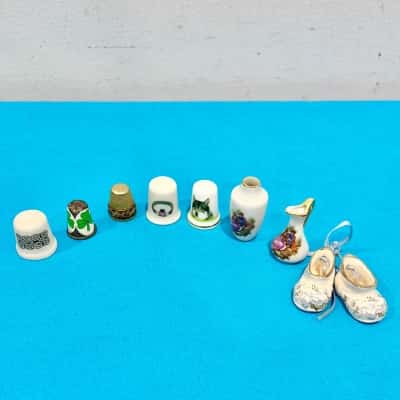 Colectables  Thimbles  x 5 Limoges Miniture Vase &  Jug  & Blue n White Booties 