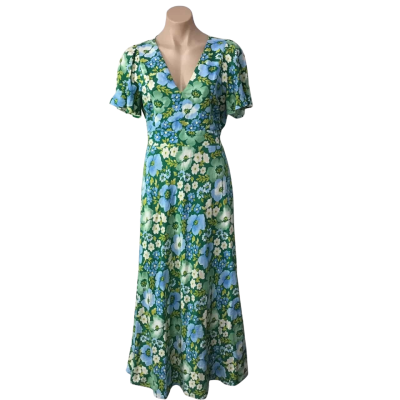 Sportsgirl Womens Size 10 Green / Blue / Yellow Floral Linen Blend Short Sleeve Maxi Dress 