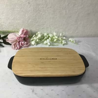 KitchenAid Black Stoneware 1.9L Baking Dish with Bamboo Lid