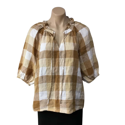 Sussan Womens Size 6 White / Beige / Brown Checked 100% Linen Short Sleeve Top