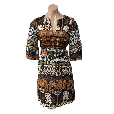 Veronika Maine Womens Size 10 Black / Brown / White / Yellow Pattern  Short Sleeve Dress (new)