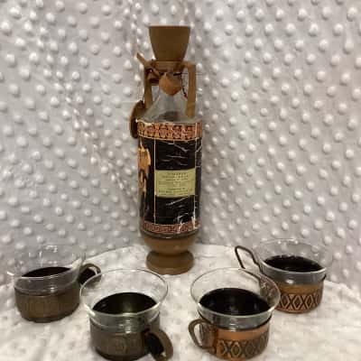 Vintage Greek copper glass x4 with Koum Koua decorated bottle
