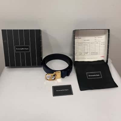  Ermenegildo Zegna Men’s Leather Belt Gold Tone Z Buckle 