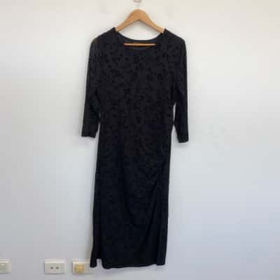 Caroline Morgan Black Mesh Velvet Floral Long SLeeve Maxi Dress  Size 16 