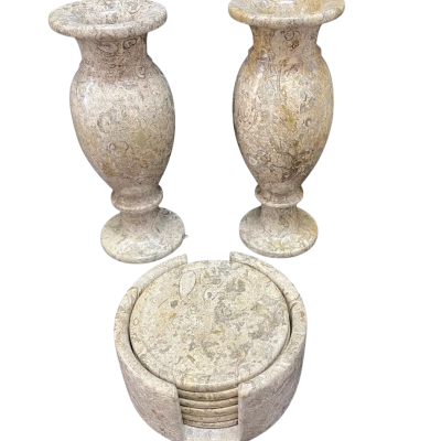 Postmodern Vintage Marble Fossil Stone Vase and Coaster Set 