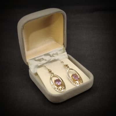 Gold Plated Silver Filigree Edge Drop Earrings (2.5cm) Real Cut Amethyst Gem Stones