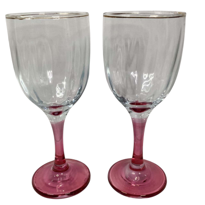 Vintage pair of clear glass flashed Cranberry Pink stemware