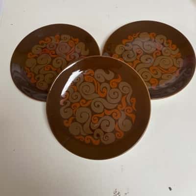 Crown Lynn Brown Retro side plates X3 
