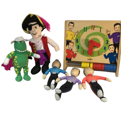 The Wiggles Plush Toys and Clock as pictured