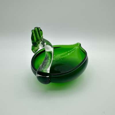 Vintage Green Swan Art Glass Trinket Dish