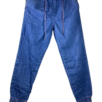 Zara Womens  Size XS Jeans a pair of medium-blue Zara denim jogger pants featuring an elasticated drawstring waistband and cuffed ankles.