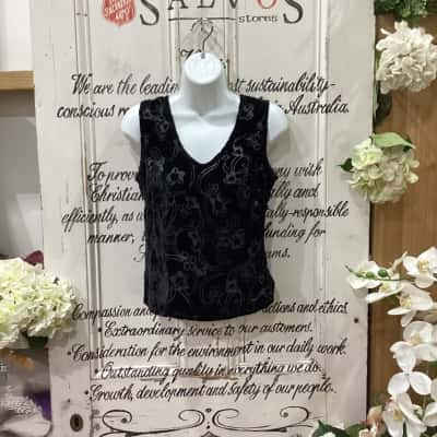 RICH BRAND! Womens  Size 8 Cami  Black! VINTAGE AUSTRALIAN MADE SHEER WITH FLORAL PATTERN SINGLET! OFFERS ZIP SIDE! GREAT FOR GOING OUT!
