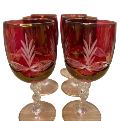Set of 6 Cranberry Cut To Clear Design Cordial Glasses