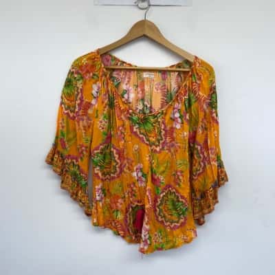 Lula Soul Yellow Floral Long SLeeve Blouse TOp  Size XS 