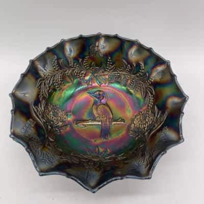 Rare 'Crown Crystal' Black Amethyst Carnival Glass Bowl  [S#6]