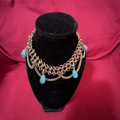  Women's Anklet featuring Chain Mail Design Decorated with Delicate Chains and Blue Stones