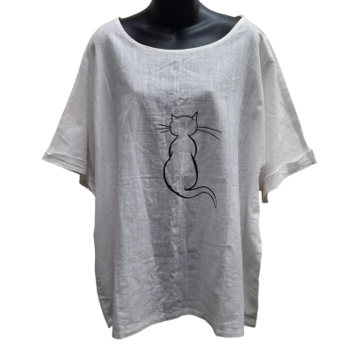 Womens 100% Cotton Short Sleeve Oversized Top with Cute Cat Print in Size 5XL