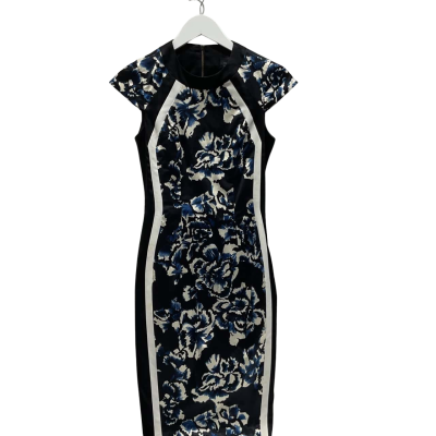 Cue Womens  Size 6 Floral Dress Black  / Blue / White 