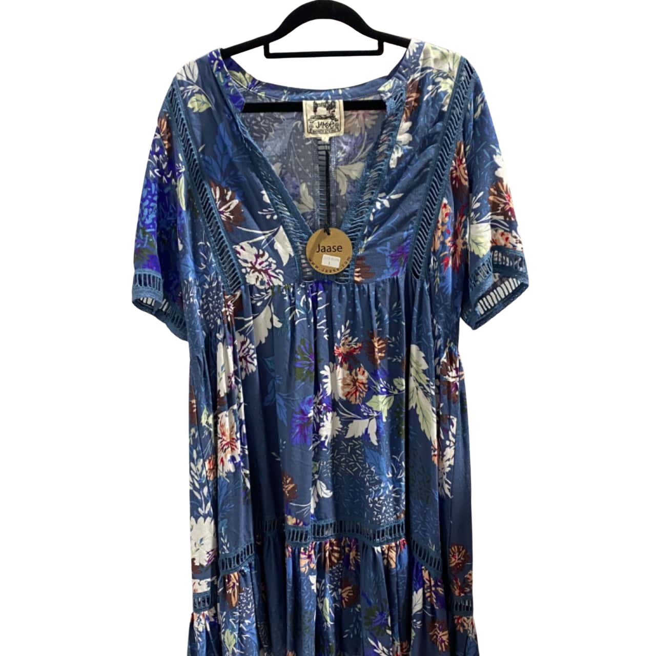 BNWT. Jaase Womens Size L. Short Sleeve Dress or long top. Blue background  with Floral pattern and lace inserts. Ruffle to hem.(s) - New With Tags |  Salvos Stores