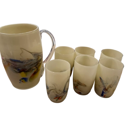 Clear Glass etched COLOURFUL GLASS WATER SET - JUG 6 GLASSES