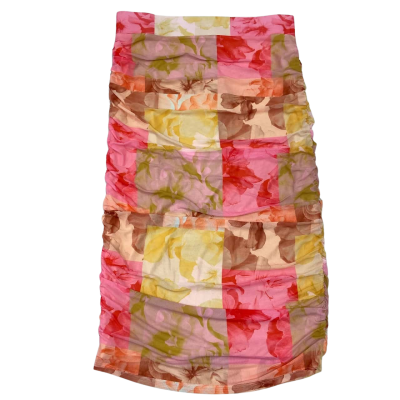 Fate & Becker Earthly Paradise Bodycon Mesh High Elastic Waist Midi Skirt in Pink and Yellow Floral