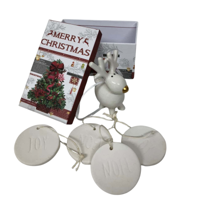 Christmas Tree white Ceramic Decorations Boxed x 5