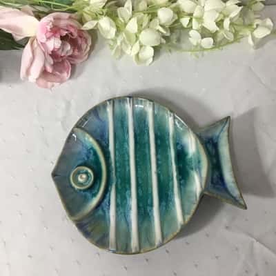 Decorative Glazed Blue / Green Striped Pattern Fish Shape Ceramic Plate