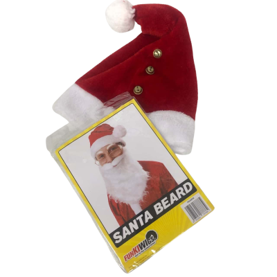 Christmas Hat & Beard - Santa Jingly Bells/White Beard