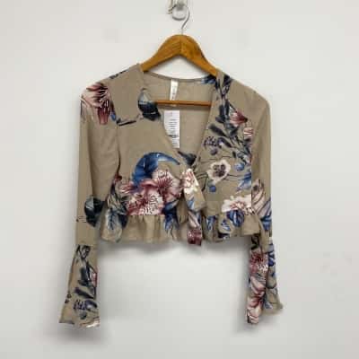 Showpo Beige Floral Fever Front Tie Crop Top  Size 8 