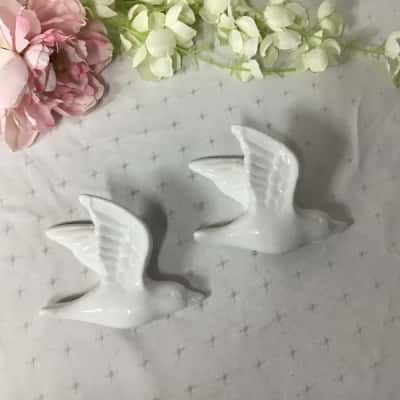 Pair of White Ceramic Flying Birds Wall Hangers
