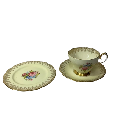 Vintage Queen Anne Yellow / Floral Pattern Fine Bone China Cup Saucer & Plate