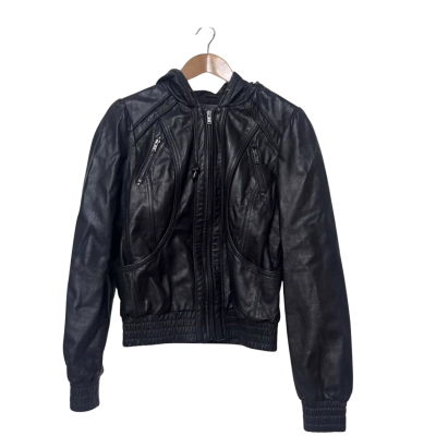 Levis Retro Leather Hooded Elasticised Waist & Cuffs  Size S Bomber Jacket Black  
