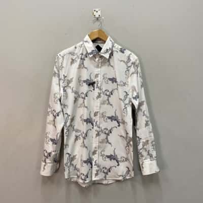 Tarocash Mens  Size S Slim Fit Long Sleeve Shirt Beige / Grey / Pattern / White 