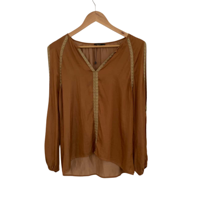 G.D.S Womens  Size S Long Sleeve Top Brown / Burnt Orange / Gold 